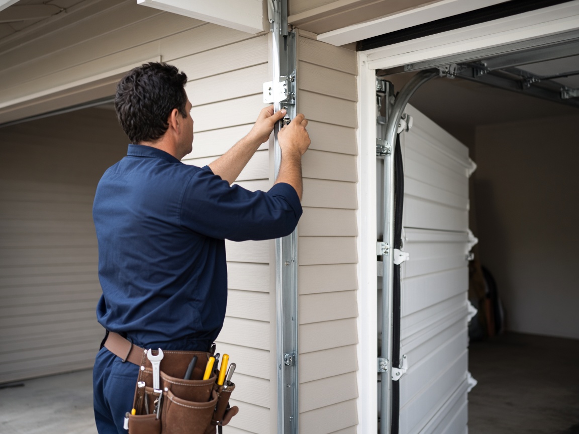 A technician adjusting the vertical track of a garage door